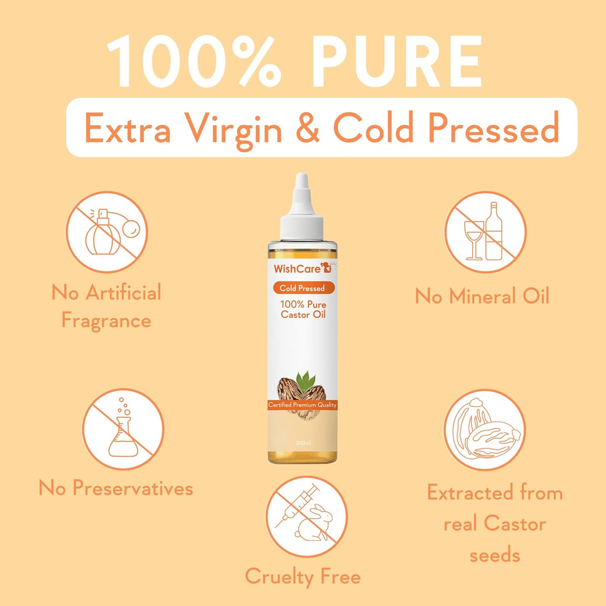 WishCare® Premium Cold Pressed Castor Oil - Pure & Virgin Grade - For Healthy Hair and Skin - 200 Ml