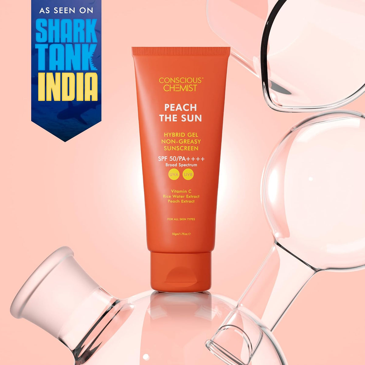 The Sun Hybrid Gel Sunscreen SPF 50 PA ++++ With Vitamin C, Rice Water & Peach Extract | Non-Greasy, No White-Cast | All Skin Types, Cruelty Free | 50 g