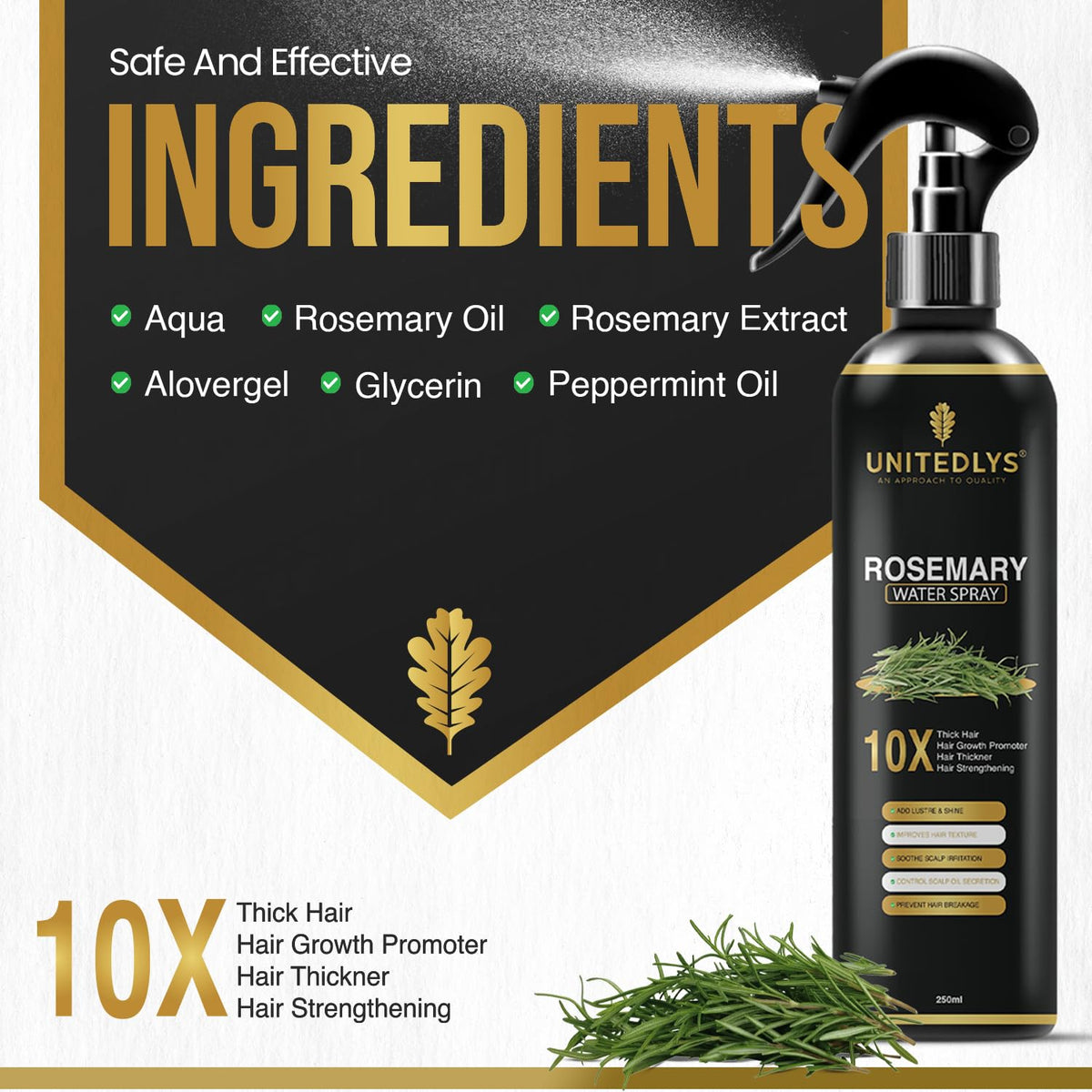 Unitedlys Organic Rosemary Water Spray for Hair Growth 250ml | Pure Hydrosol | Rosemary Water for Hair Growth & Shine | Improved Version of Natural Adivasi Hair Oil Original