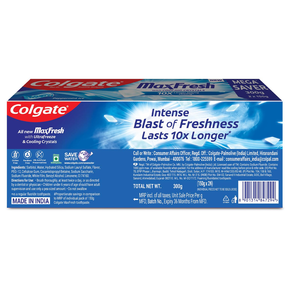 Colgate MaxFresh Toothpaste, Blue Gel Tooth Paste with Menthol for Super Fresh Breath, 300g, 150g X 2 (Peppermint Ice, Combo Pack Offer)