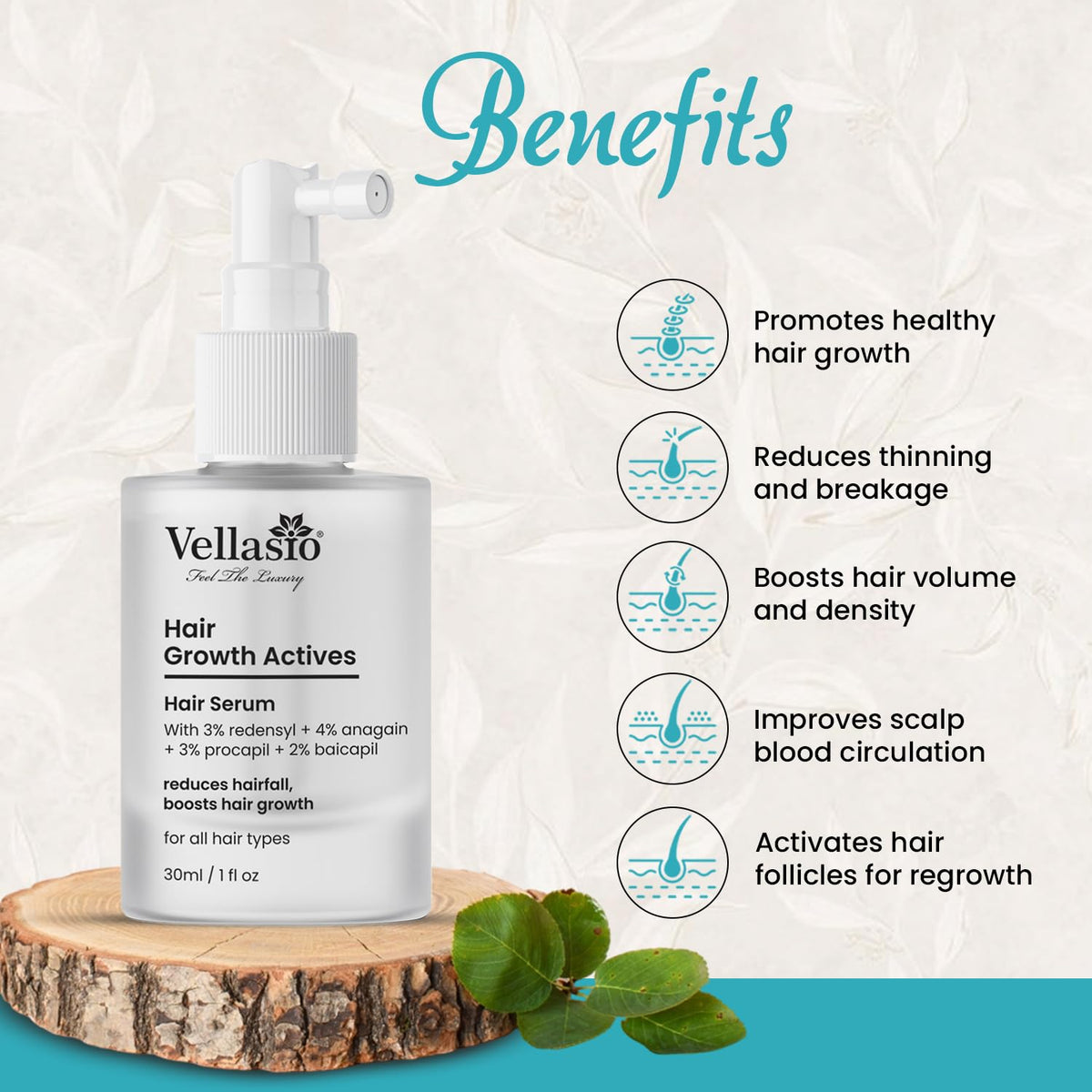 VELLASIO Hair Growth Serum Actives -3% Redensyl, 4% Anagain, 3% Procaoil, 2% Baicapil, 100 Grams