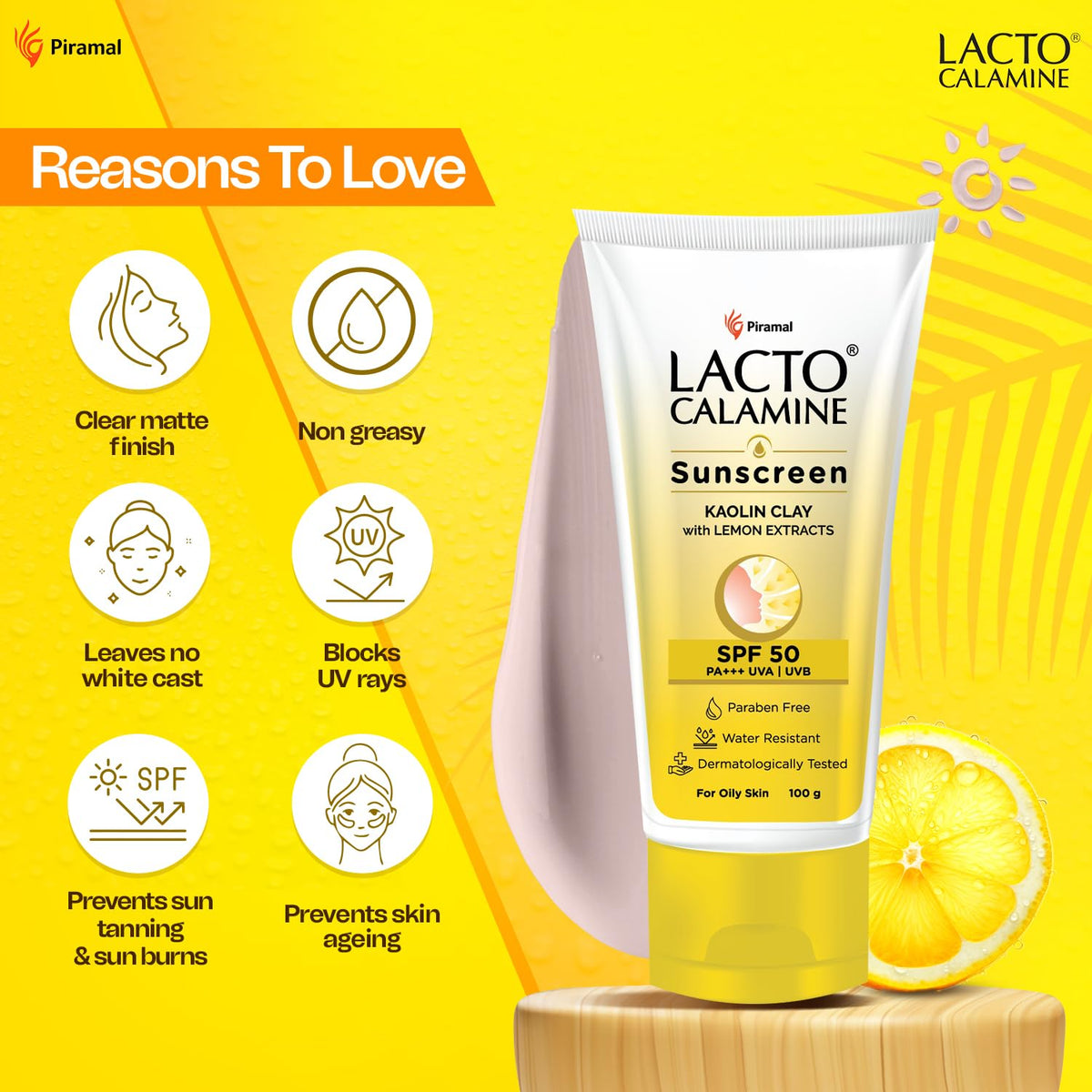 Lacto Calamine Sunscreen SPF 50 | 100g | PA +++ Sunscreen For Oily Skin | UVA – UVB Sunscreen | Water Resistant & No White Cast | With Kaolin Clay, Vitamin E & Lemon Extracts | Paraben Free (100 g)