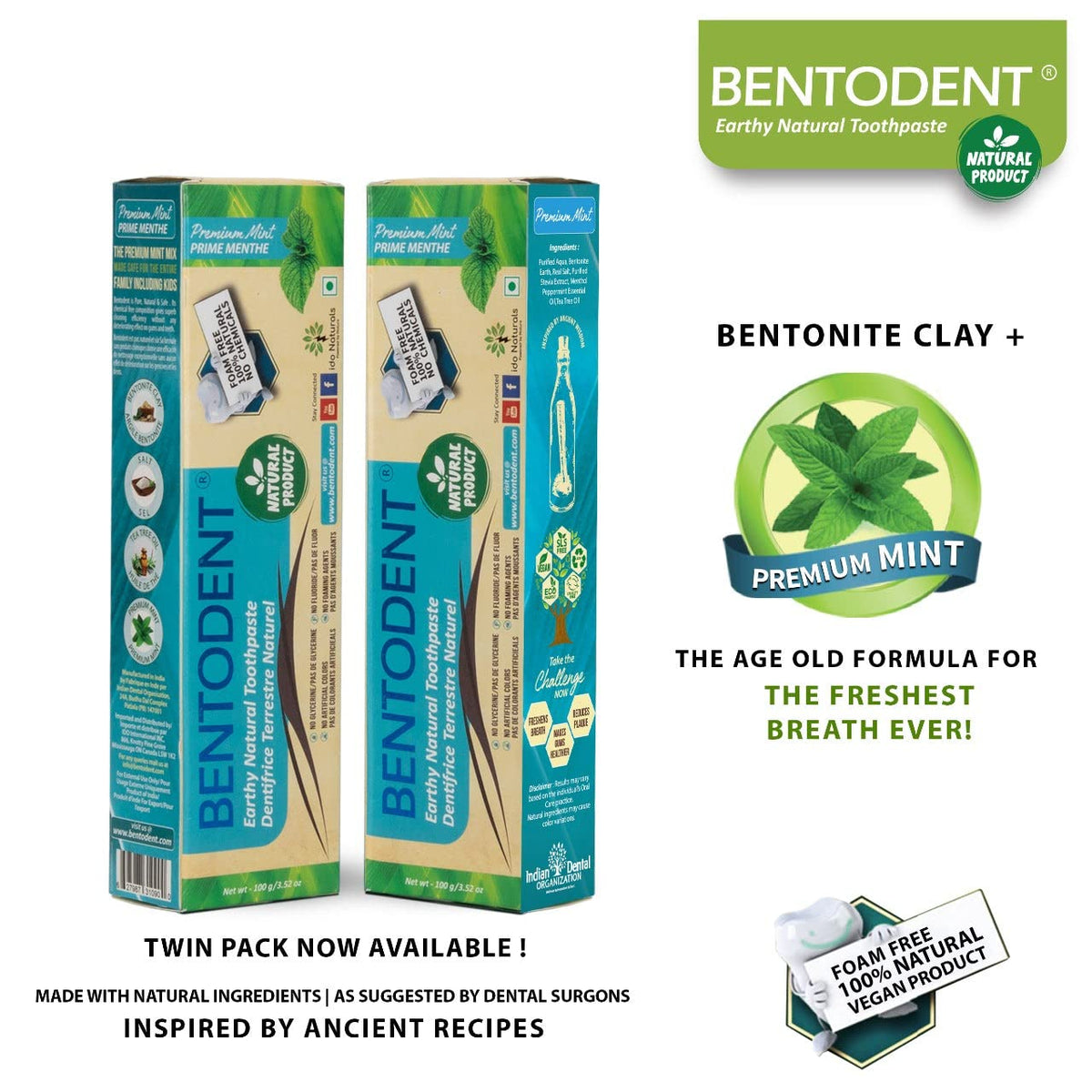 Bentodent Toothpaste - Natural Toothpaste For Entire Family Incl Kids - Your Daily Oral Detox, Cleanse & Remineralize - Fluoride Free (Premium Mint Pack)