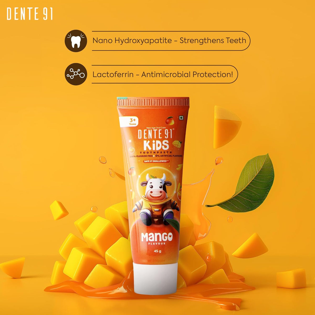 Dente91 Kids Toothpaste, Protects against dental caries & Hypersensitivity, Fluoride Free, Mango Flavour - 45g