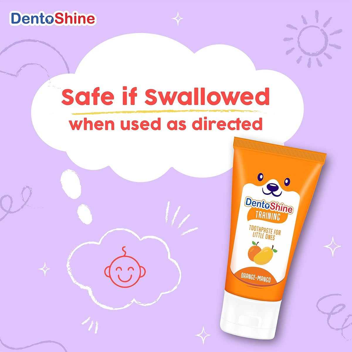 DentoShine 100% NATURAL Toothpaste for Toddler & Baby (0-3 years), Fluoride Free, SLS Free, NO Artificial colors & flavors, Safe if swallowed* (Orange-Mango [ FREE Finger Brush ],