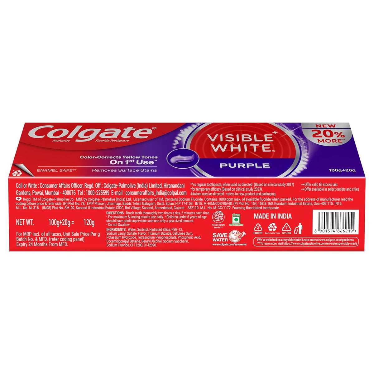 Colgate Visible White Purple Toothpaste for Teeth Whitening, Teeth Whitening Colgate Toothpaste with Fluoride, Tooth Paste Helps Remove Surface Stains, Whitens Yellow Teeth, Enamel-Safe for Daily Use Paste Toothpaste (100g + 20g)