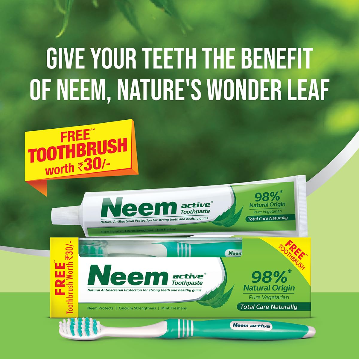 NEEM ACTIVE Toothpaste 200Gm With Ultra Soft Manual Toothbrush Free | 100% Vegetarian | Enriched With The Power Of Neem And Calcium |Antibacterial Protection |Mint For Freshness