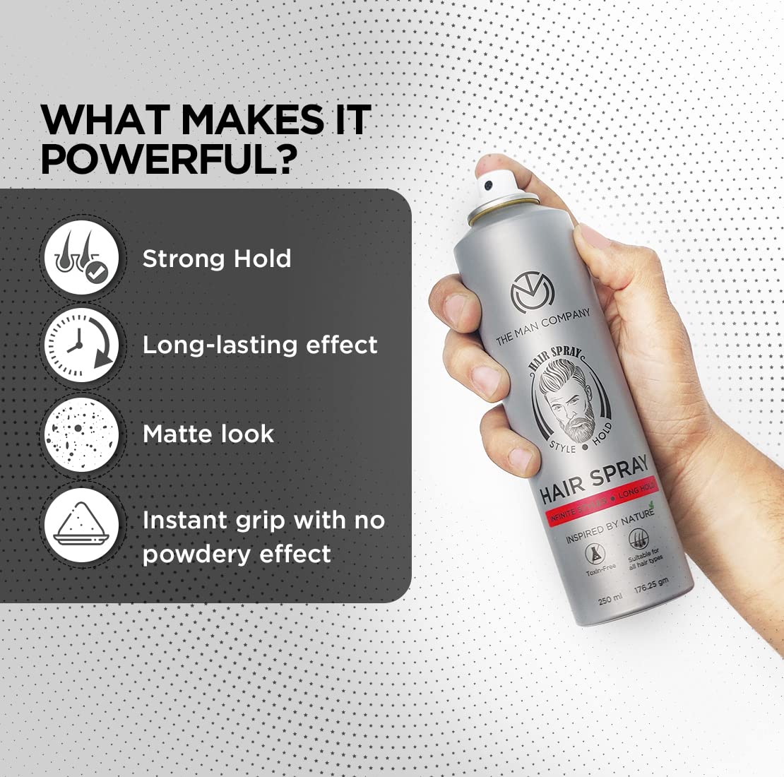 The Man Company Hair Styling Spray For Men 250Ml | Strong Hold, Long Lasting, Matte Look & Instant Grip | Natural Shine, Non-Stick, Ultra Hard