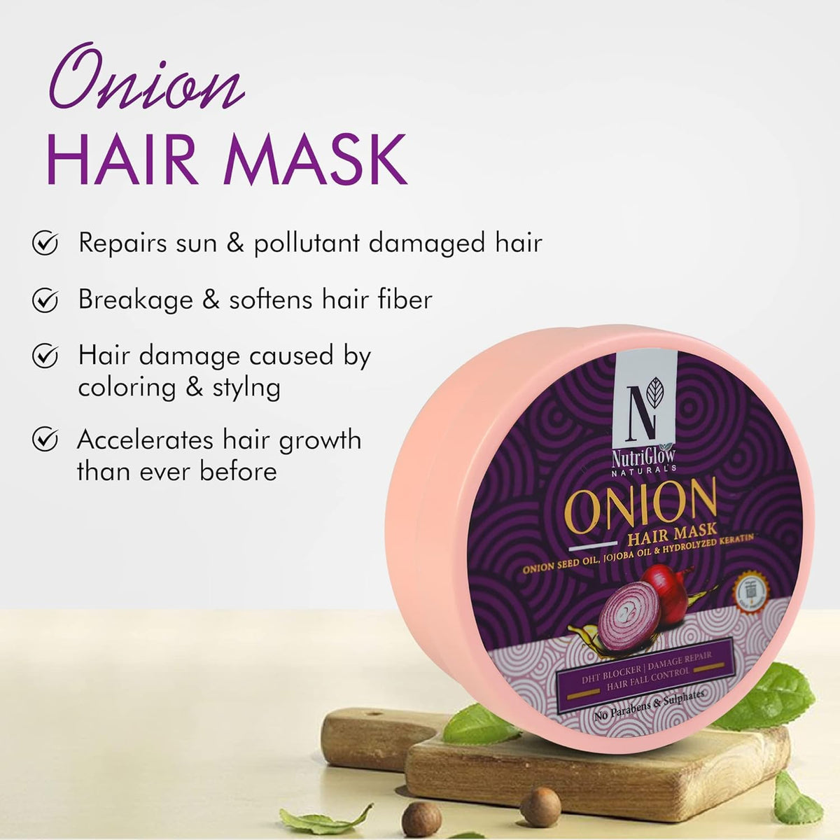 NutriGlow NATURAL'S Onion Hair Mask Deep Conditioner Treatment For Dry Damaged Frizzy Hair, Stimulates Growth, Shiny Manageable Hair Instantly, Sulphate Free, 200 gm