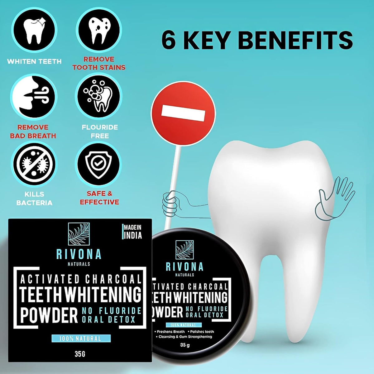 RIVONA NATURALS Activated Charcoal Teeth Whitening Powder - For Enamel Safe Teeth Whitening, Stain Remover, Freshens Breath - With Activated Charcoal, Turmeric & Clove Powder - 35g (Fluoride Free)