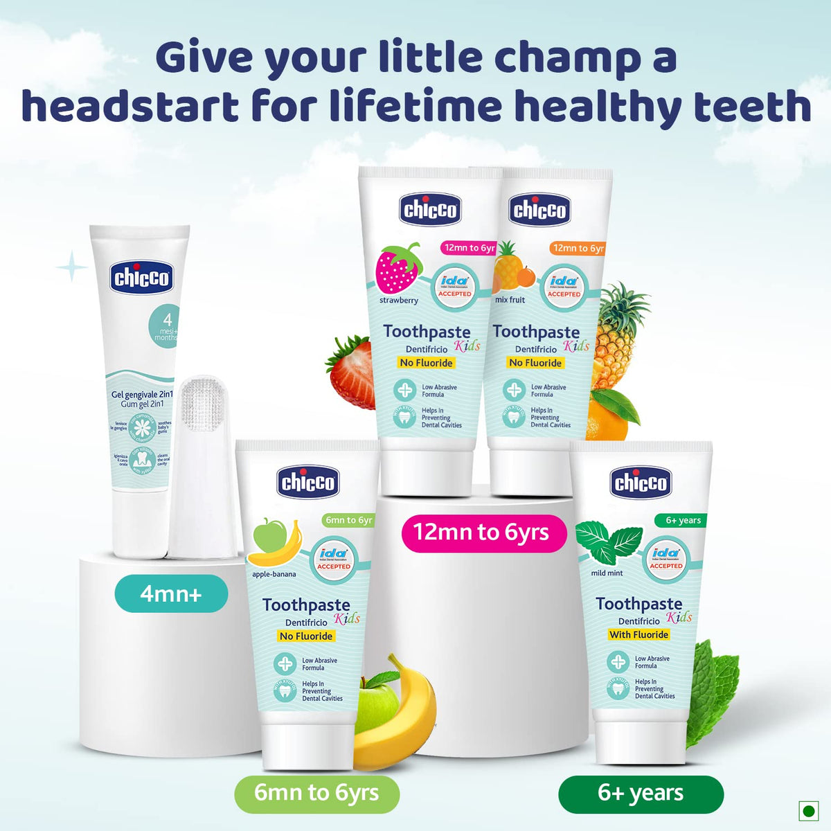 Chicco Toothpaste, Applebanana Flavour for 6m to 6Y Baby, Fluoride-Free, Preservative-Free,Cavity Protection (50 Millilitre)