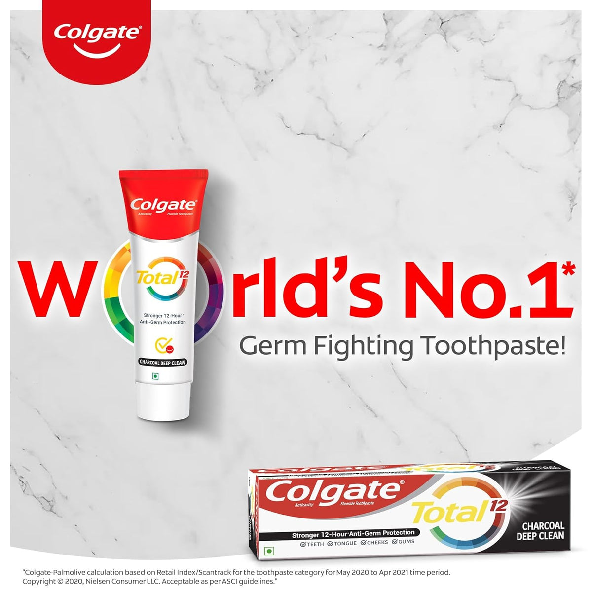 Colgate Total 150Gm Charcoal Deep Clean Antibacterial Toothpaste, Stronger 12-Hour Anti-Germ Protection, Whole Mouth Health, World'S No.1* Germ-Fighting Toothpaste (Combo Pack Offer, Soft Toothbrush)