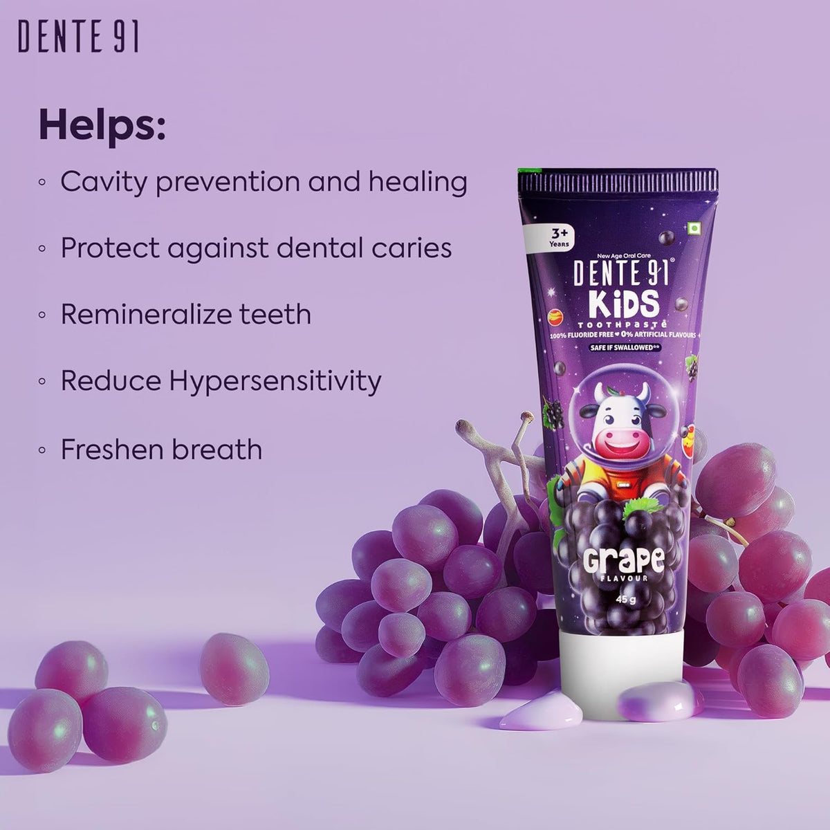 Dente91 Kids Toothpaste, Protects against dental caries & Hypersensitivity, Fluoride Free, Grape Flavour - 45g