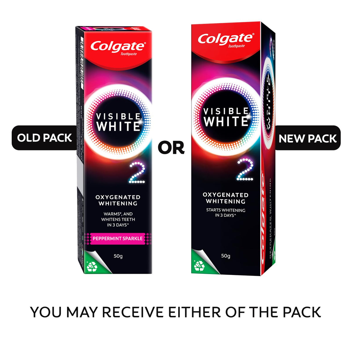 Colgate Visible White O2, Teeth Whitening Toothpaste (50g) for noticeably whiter teeth starting in 3 days. Peppermint Sparkle with Active Technology, Enamel Safe Teeth Whitening & Fresh Breath