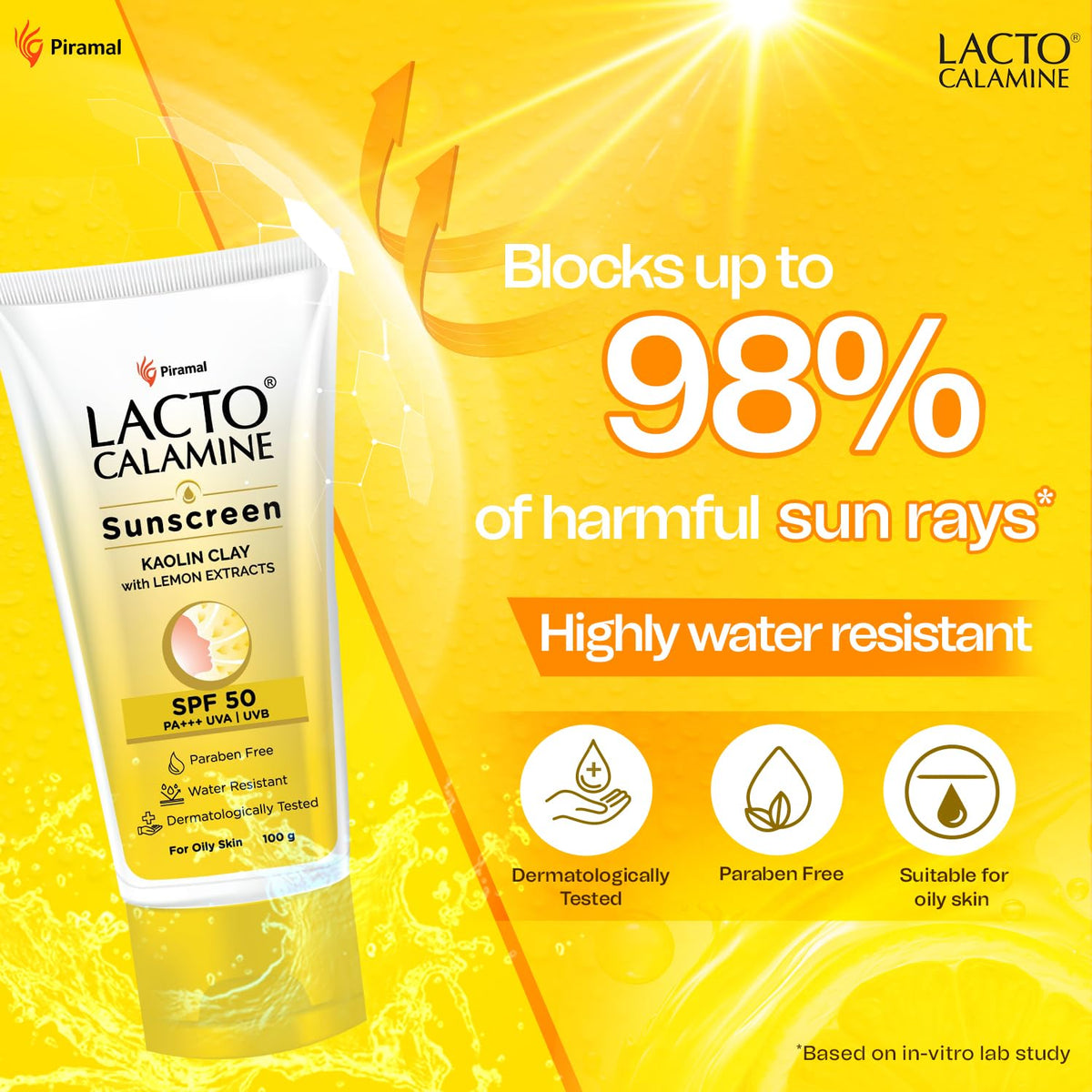 Lacto Calamine Sunscreen SPF 50 | 100g | PA +++ Sunscreen For Oily Skin | UVA – UVB Sunscreen | Water Resistant & No White Cast | With Kaolin Clay, Vitamin E & Lemon Extracts | Paraben Free (100 g)