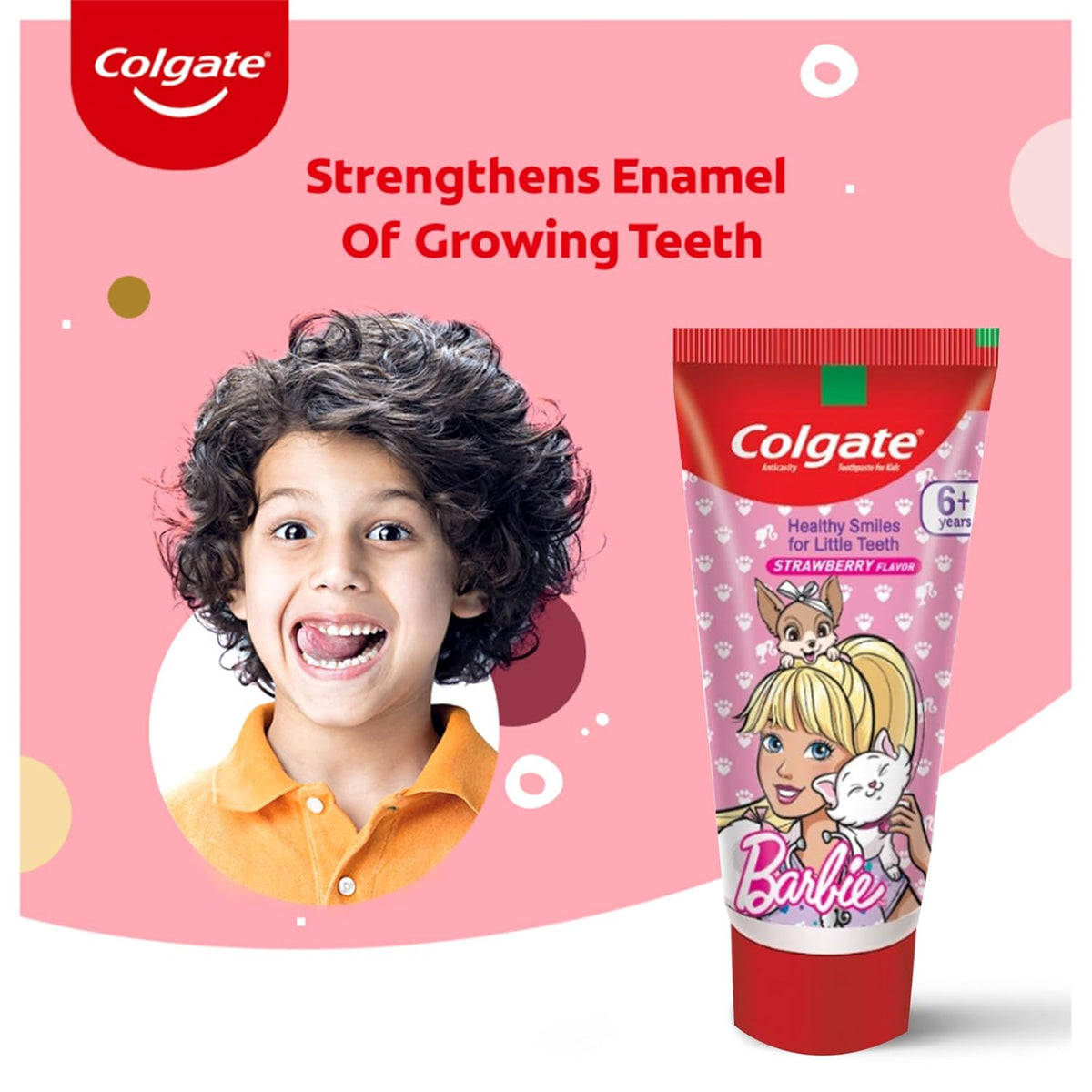 Colgate Kids Toothpaste For 6+ Years, Barbie, Strawberry Flavour, Gentle Protection Tooth Paste With 50% Lesser Abrasive Formula For Protecting Against Cavities , Enamel Protection- 80G