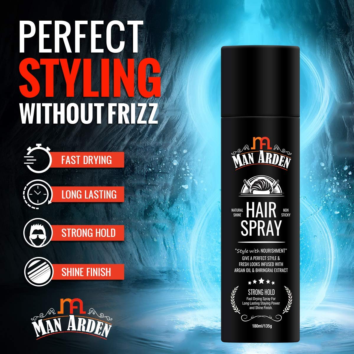 Man Arden Hair Spray - Strong Hold, Styling with Nourishment - Argan Oil and Bhringraj, 180 ml