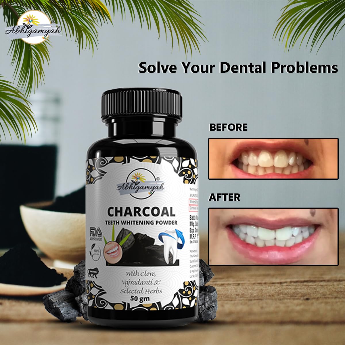 Abhigamyah Charcoal Teeth Whitening Powder, With Clove,Vajradanti & Selected Herbs, Gutkha Stain and Yellow Teeth Removal powder (50 g) Pack Of -1