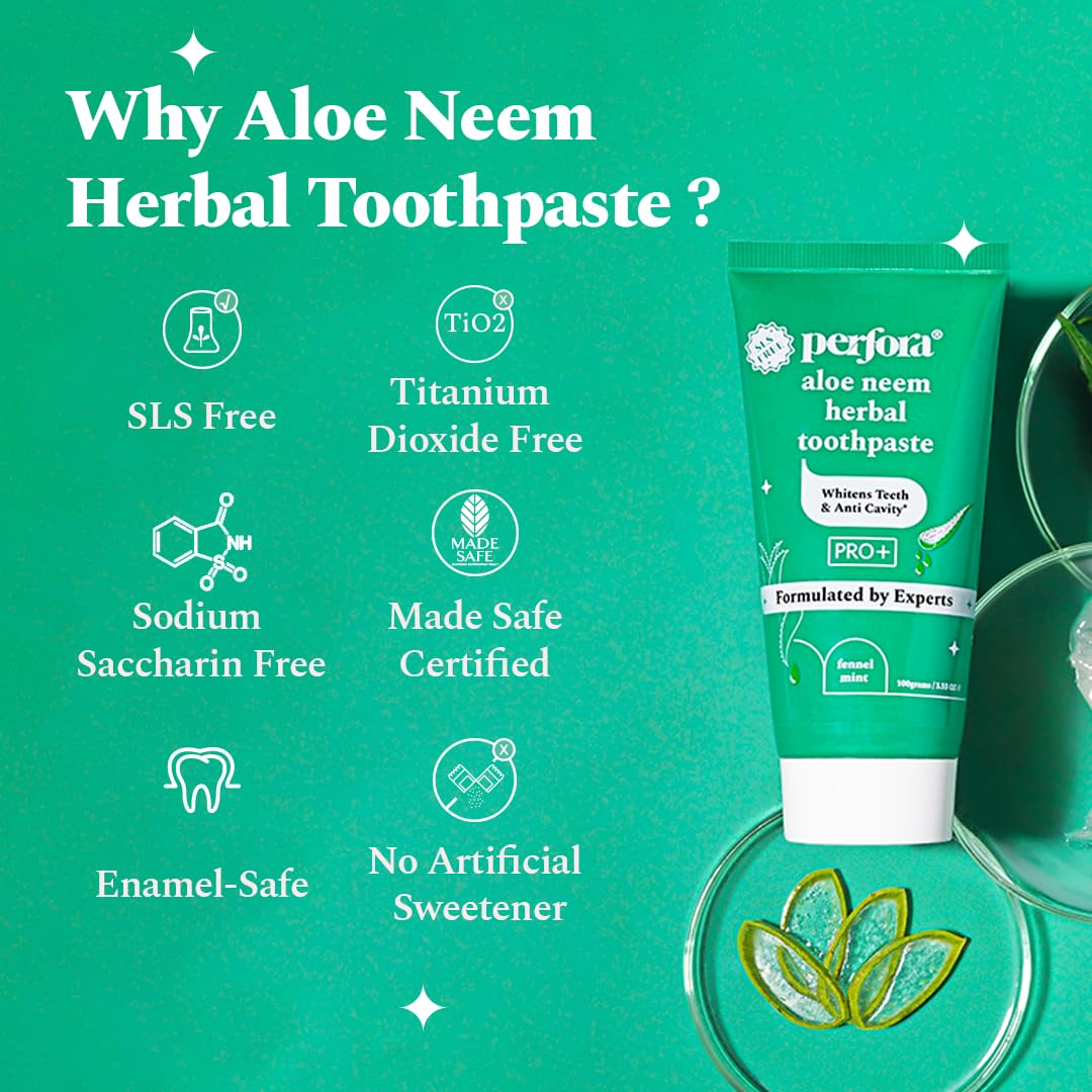 Perfora Aloe Neem Herbal Toothpaste - 100 gms | Enamel Safe Teeth Whitening Toothpaste for Men & Women | Formulated With Papain & Bromelain Enzyme | Helps Prevent Teeth Cavities | SLS Free