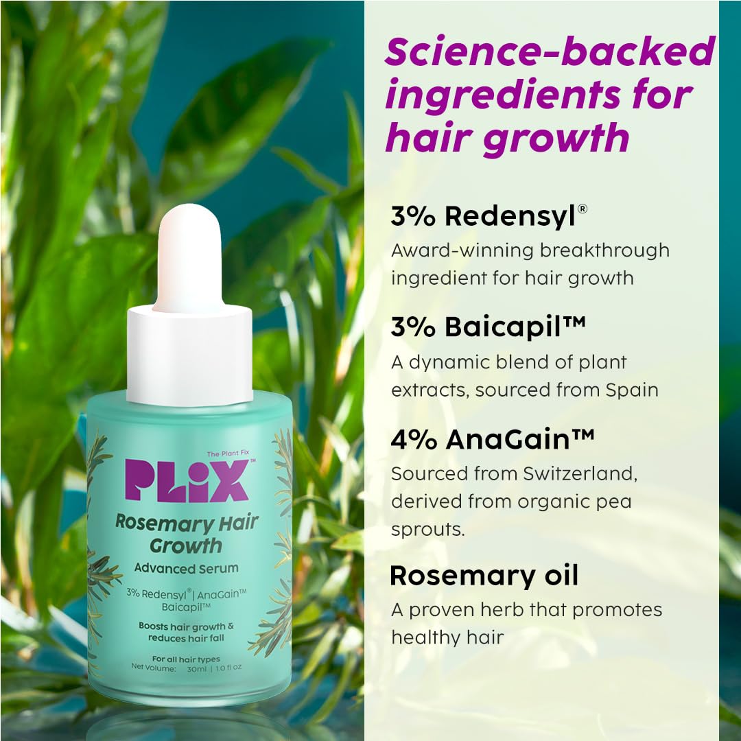 PLIX - THE PLANT FIX Rosemary Hair Growth Serum with 3% Redensyl, 4% AnaGain, 3% Baicapil, 30 ml | Stimulates Hair Growth, Increase Hair Density & Thickens Hair | For Men & Women