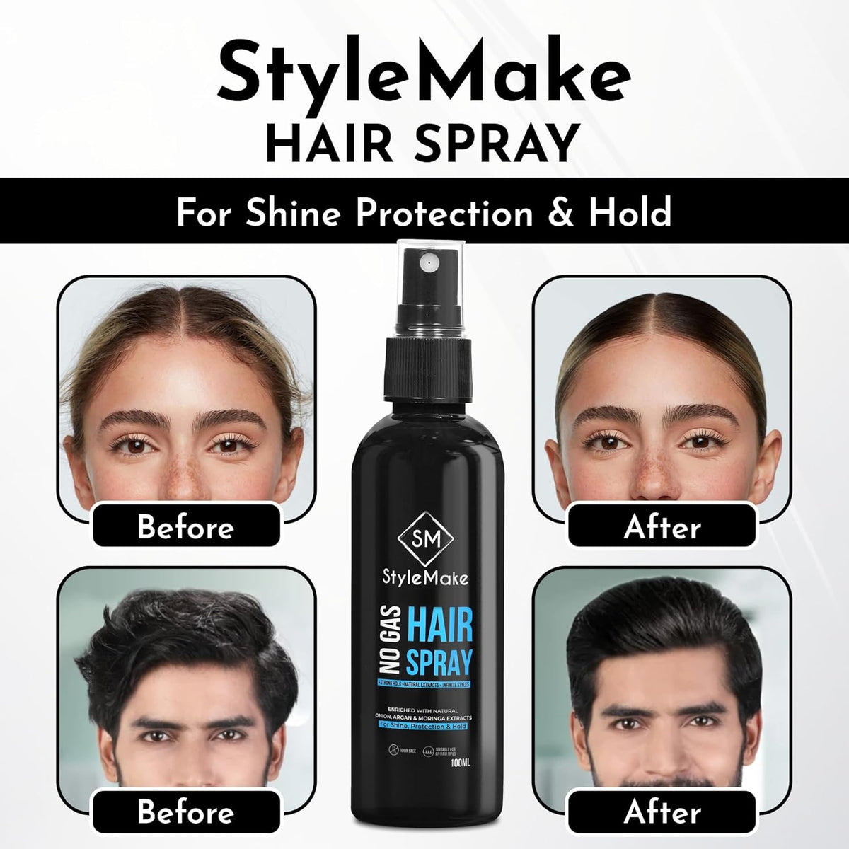 StyleMake Hair Lock Spray for Men & Women - Extreme Hold - 100 ml | Natural Extracts of Onion, Argan & Moringa | Quick Hair Styling and Setting