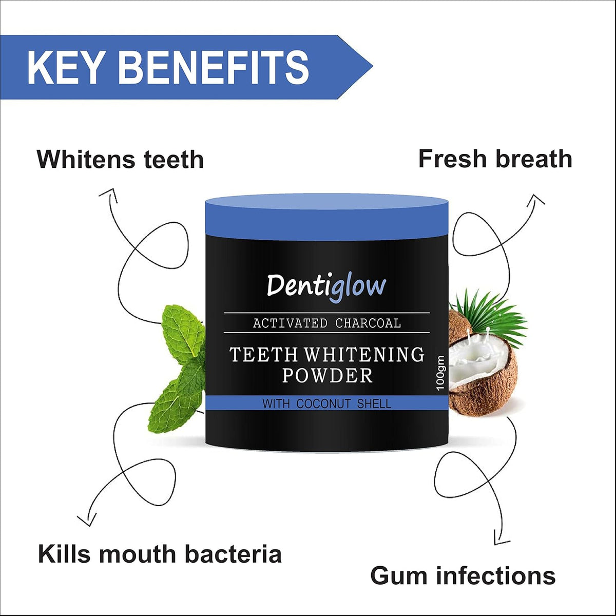 Dentiglow Organic Activated Charcoal Teeth Whitening Powder - 100 gm | Removes Bad Breath & Enamel safe teeth | For Tobacco Stain, Tartar, Gutkha Stain and Yellow Teeth Removal |