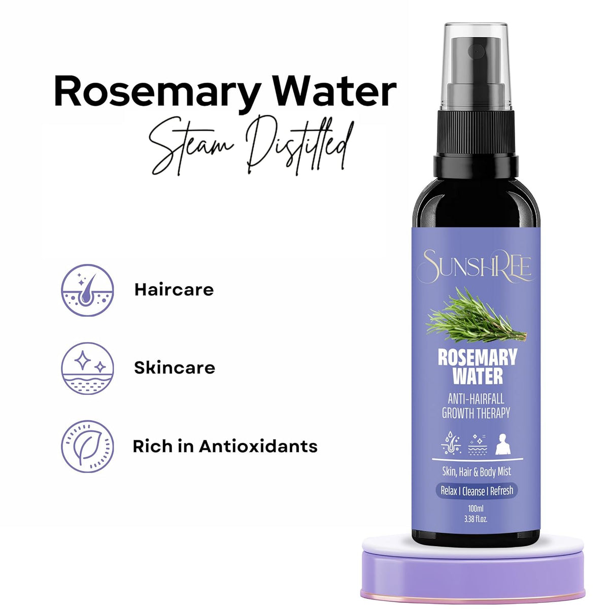 SUNSHREE Rosemary Water for Hair Growth, Hair Fall Control |100% Pure & Natural | ANTI-HAIRFALL GROWTH THERAPY | Skin, Body & Hair Mist-100mL (Pack of 1)