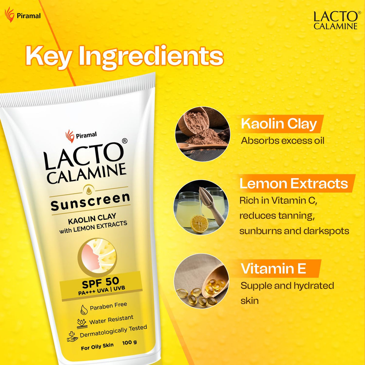 Lacto Calamine Sunscreen SPF 50 | 100g | PA +++ Sunscreen For Oily Skin | UVA – UVB Sunscreen | Water Resistant & No White Cast | With Kaolin Clay, Vitamin E & Lemon Extracts | Paraben Free (100 g)