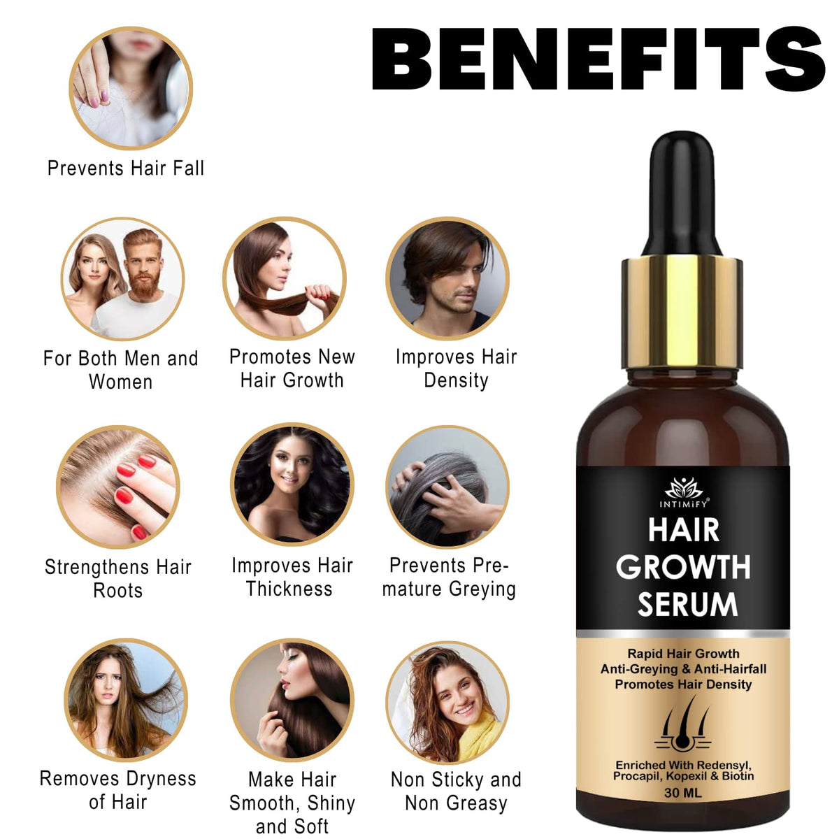 INTIMIFY Hair Growth Serum for Men and Women | Reduces Hair Fall | Frizz Control | Contains Redensyl, Biotin 30 ml