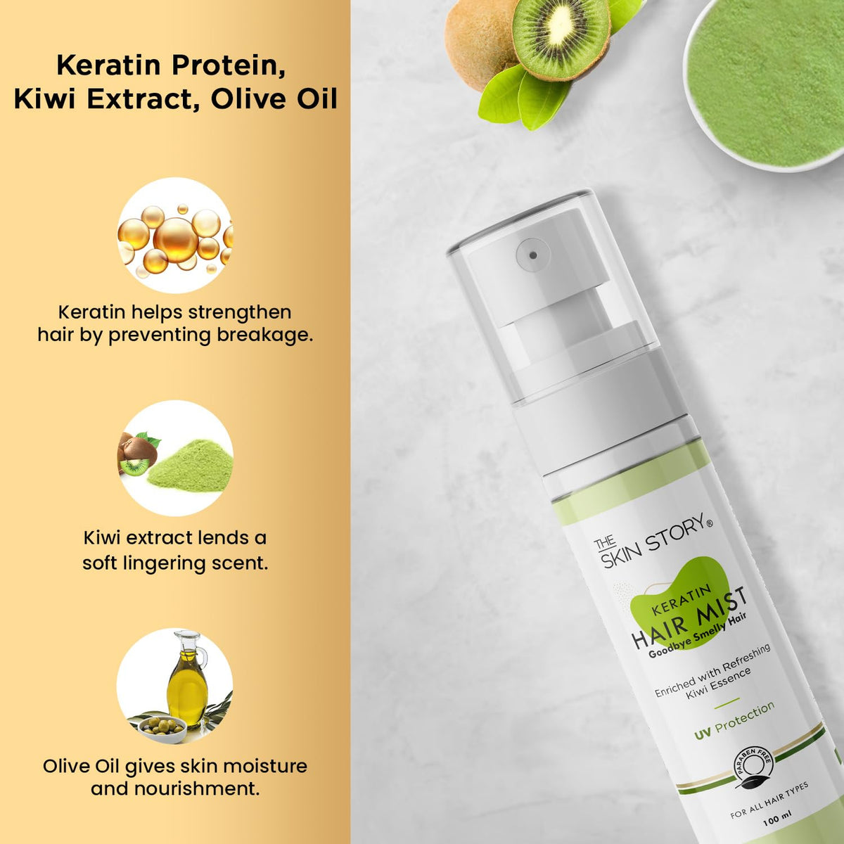 The Skin Story Hair Mist Spray Hair Perfume for UV Protection, Frizz Controls, Fragrance, & Hydration with Keratin, Kiwi, & Olive Oil Paraben-Free 100 ml