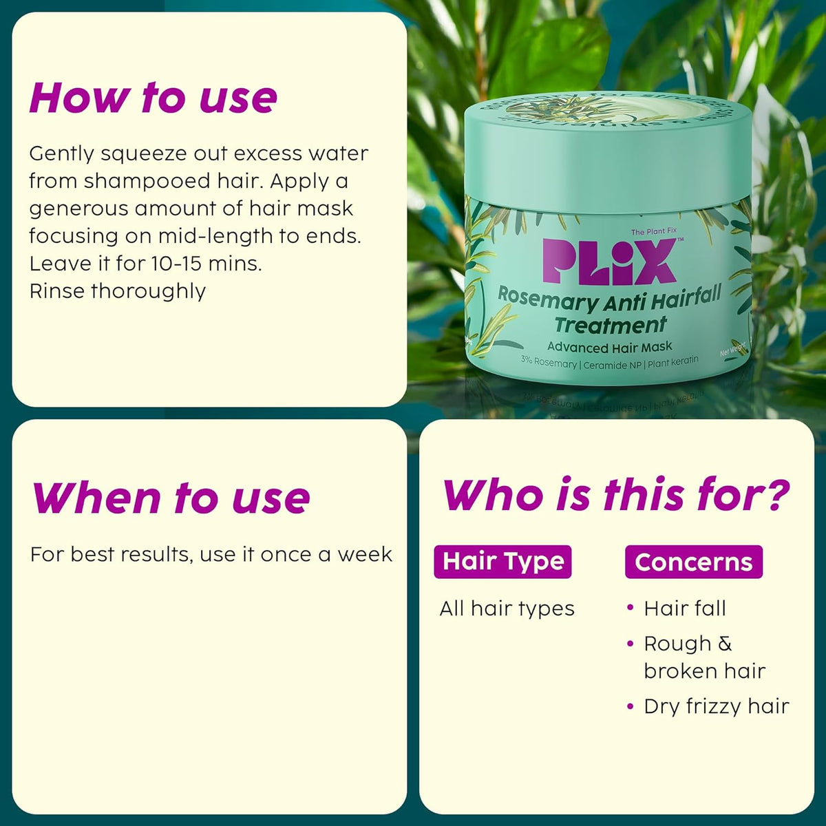 PLIX - THE PLANT FIX Rosemary Anti-Hair Fall Treatment Advanced Hair Mask With 3% Rosemary Extract, Ceramides & Plant Keratin | Hair Mask For Dry And Frizzy Hair| 200 Gram