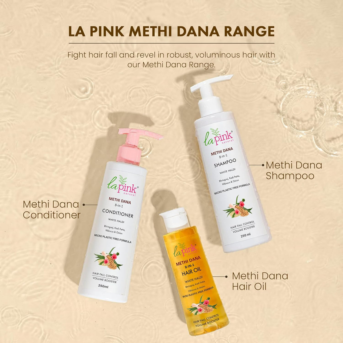 La Pink Methi Dana/Fenugreek Seeds 8-in-1 Hair Fall Conditioner 250ml for Men and Women | For Damaged and Weak Hair, Boosts Hair Volume with Hibiscus, Bhringraj, Indian bay Leaf & Onion, Sulphate Free