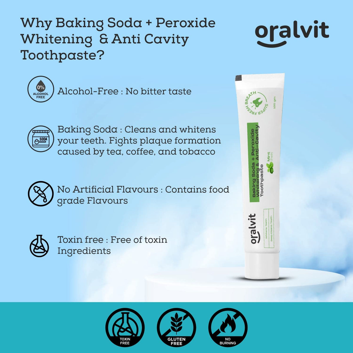 Oralvit Baking Soda and Peroxide Toothpaste for Whitening & Anti-Cavity | Toothpaste with Fresh Mint | Deep Cleanse |Super Fresh Breath | Extreme Whitening– 100gm Mint Flavour