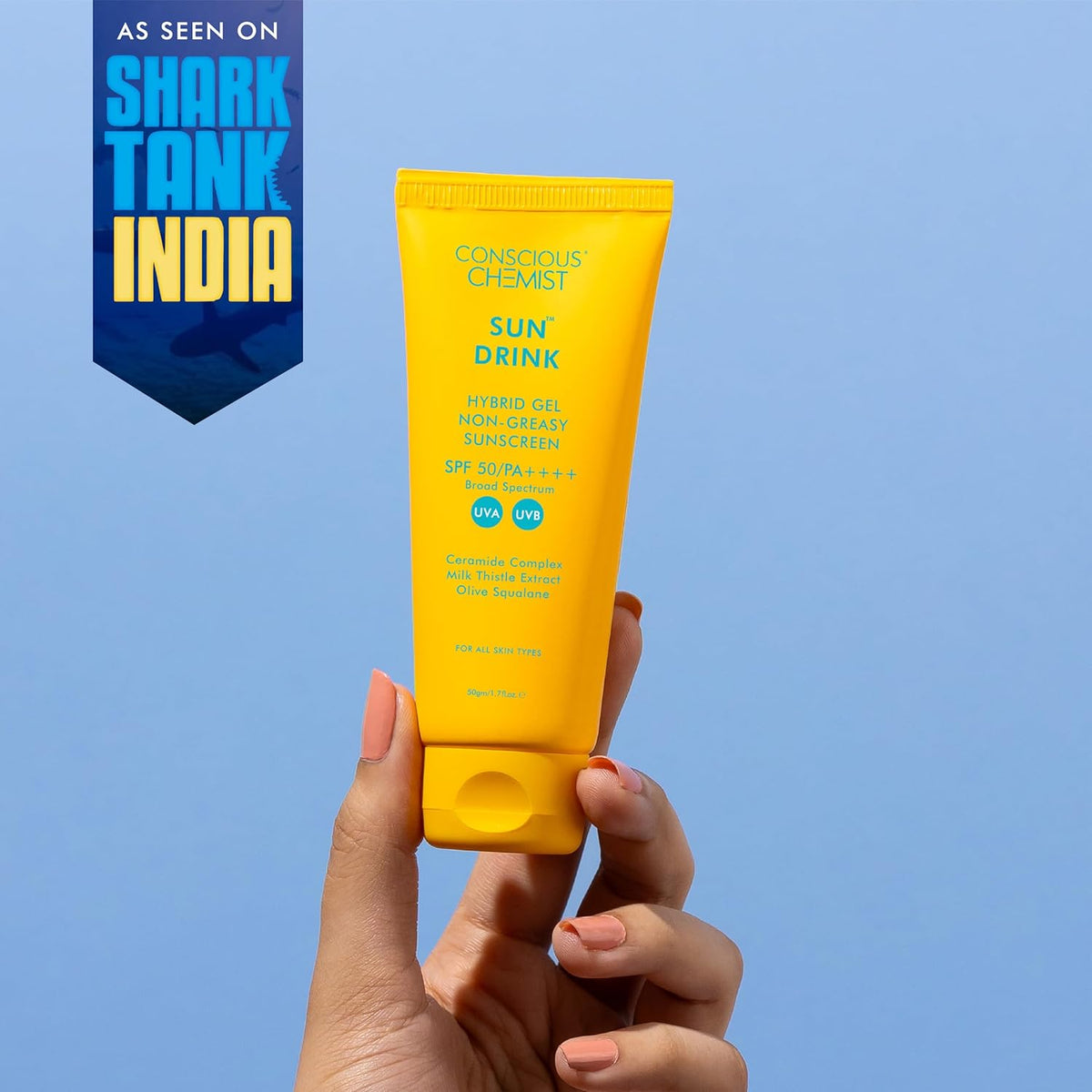 Sun Drink Hybrid Lightweight Gel Sunscreen SPF50 PA++++ UVA/UVB | With Ceramides & Milk Thistle Extract | For Men & Women | All Skin Types | No White Cast | Fragrance Free | 50g