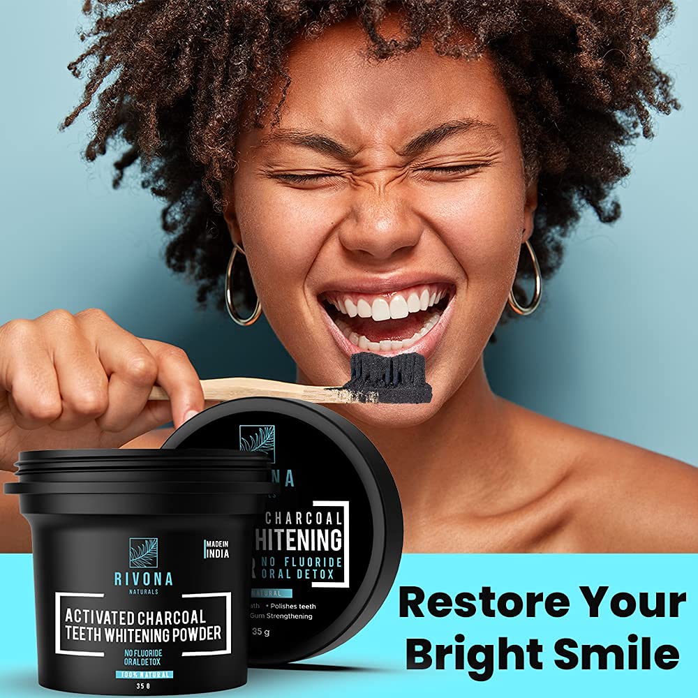 RIVONA NATURALS Activated Charcoal Teeth Whitening Powder - For Enamel Safe Teeth Whitening, Stain Remover, Freshens Breath - With Activated Charcoal, Turmeric & Clove Powder - 35g (Fluoride Free)