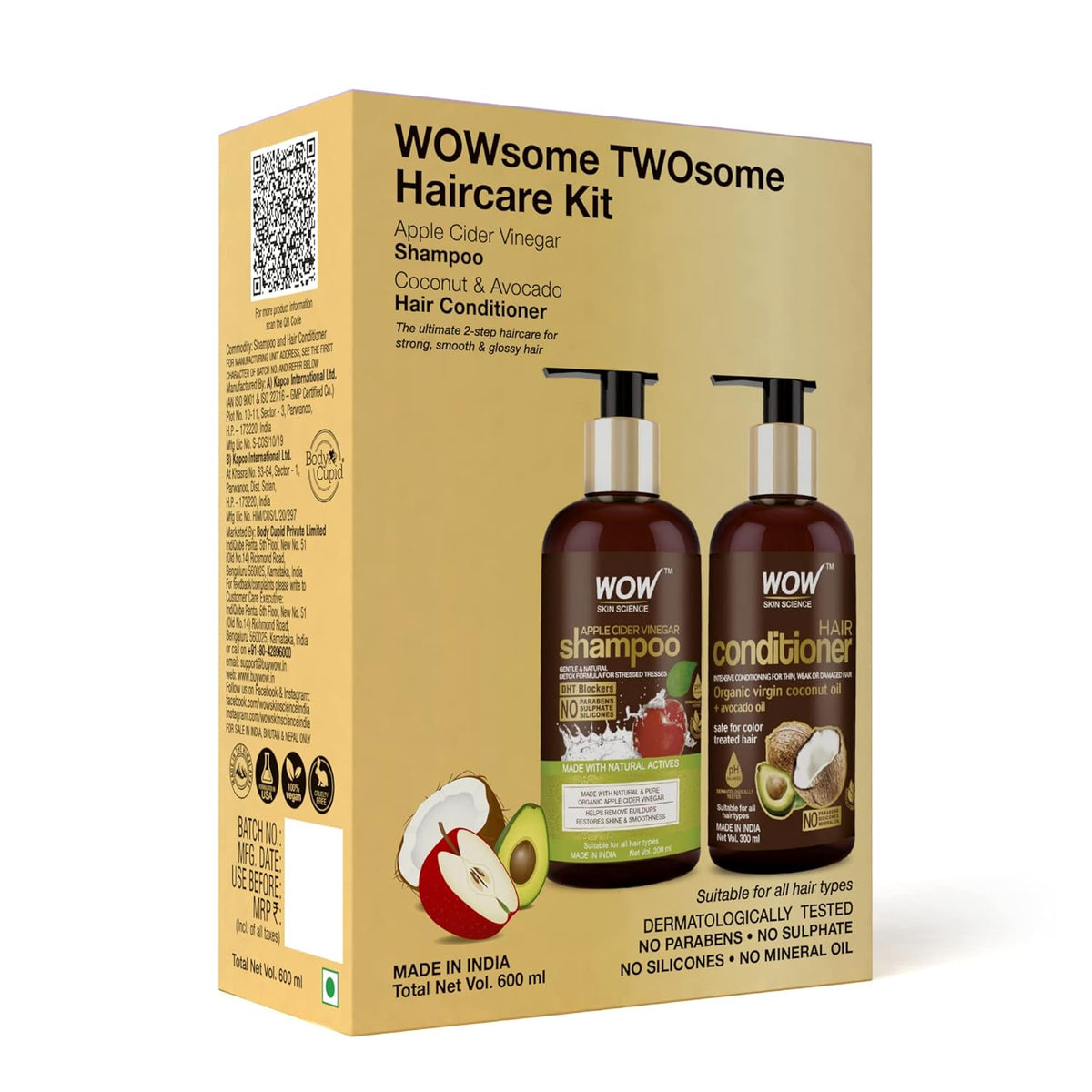 WOW Skin Science Apple Cider Vinegar Shampoo And Coconut + Avocado Oil Conditioner| Strong & Smooth Hair | Paraben & Sulphate Free | Hair Care Kit - 600 Ml