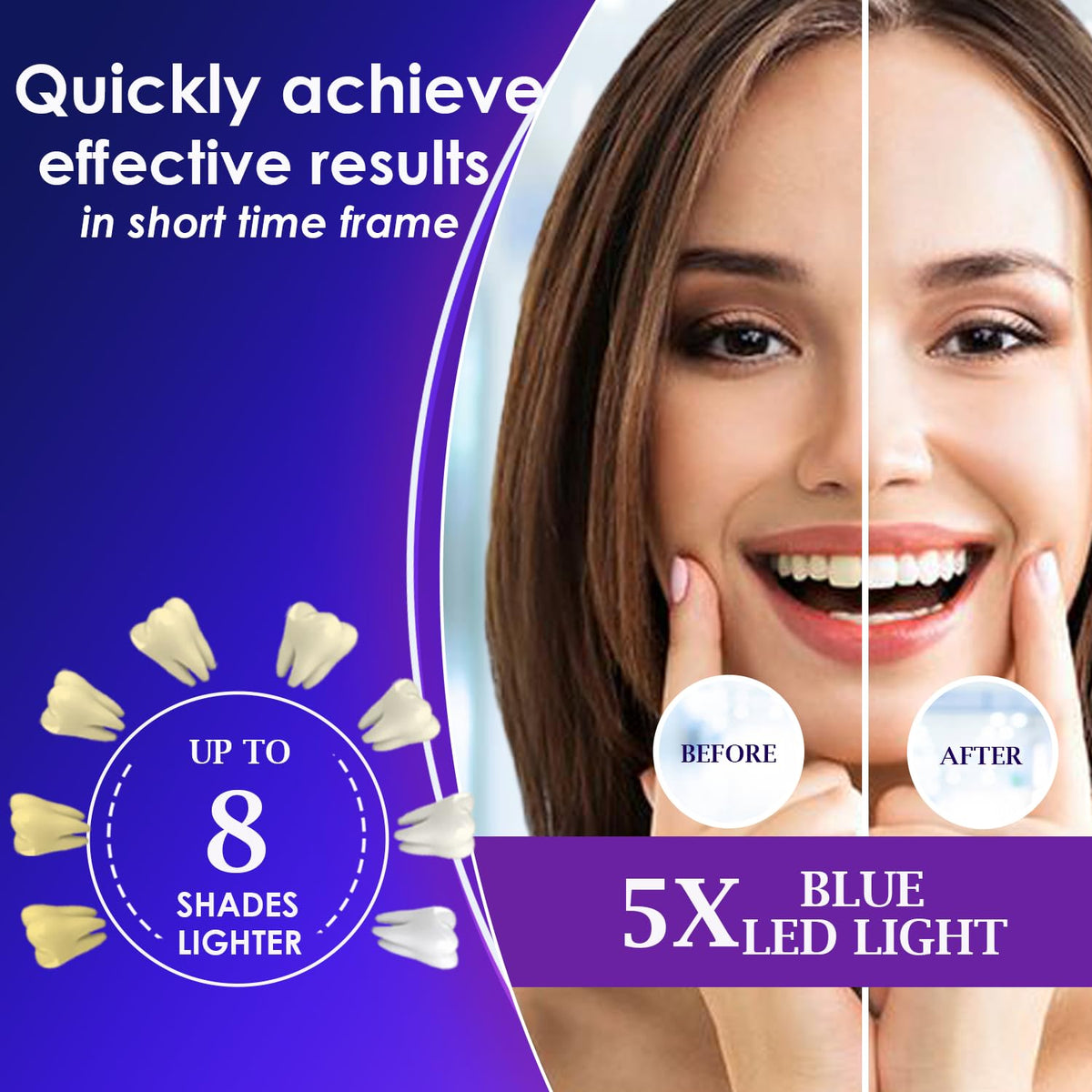 AZS CrystalWhite Teeth Whitening Kit - 5 x LED Lights for Fast 20-Minute Whitening and Stain Removal, Enamel Safe, BPA-Free, 3 Gel Syringes with Caps, Mouth Tray, Up to 8 Shades Lighter