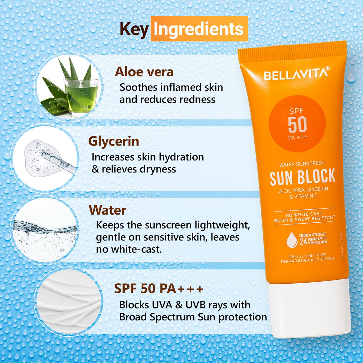 BELLAVITA Water based Hydrating Sunscreen, SPF 50, Lightweight, Photostable, PA+++, For All Skin Types, No White Cast, Non - Greasy Finish, UV Protection, Broad Spectrum, For Men & Women, 50ML