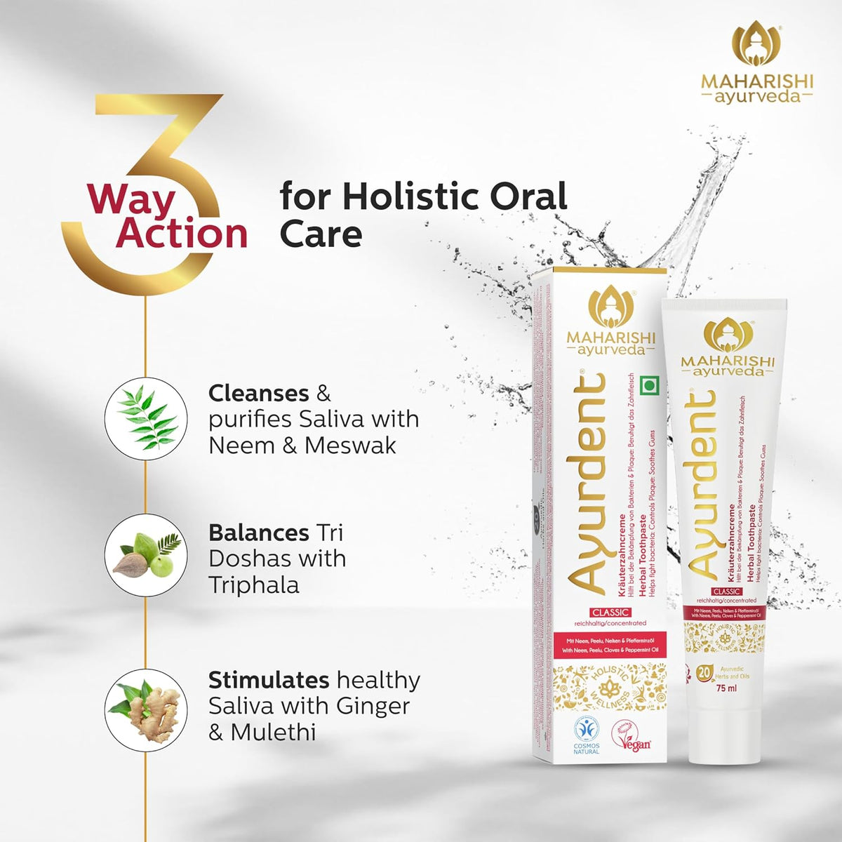 Maharishi Ayurveda Ayurdent Classic Ayurvedic Herbal Toothpaste- All Natural|Sls&Fluoride Free,Antioxidant&Anti Bacterial Benefits|Whitens&Strengthens Teeth|Helps Fight Plaque,Tartar|75Ml,Pack of 1