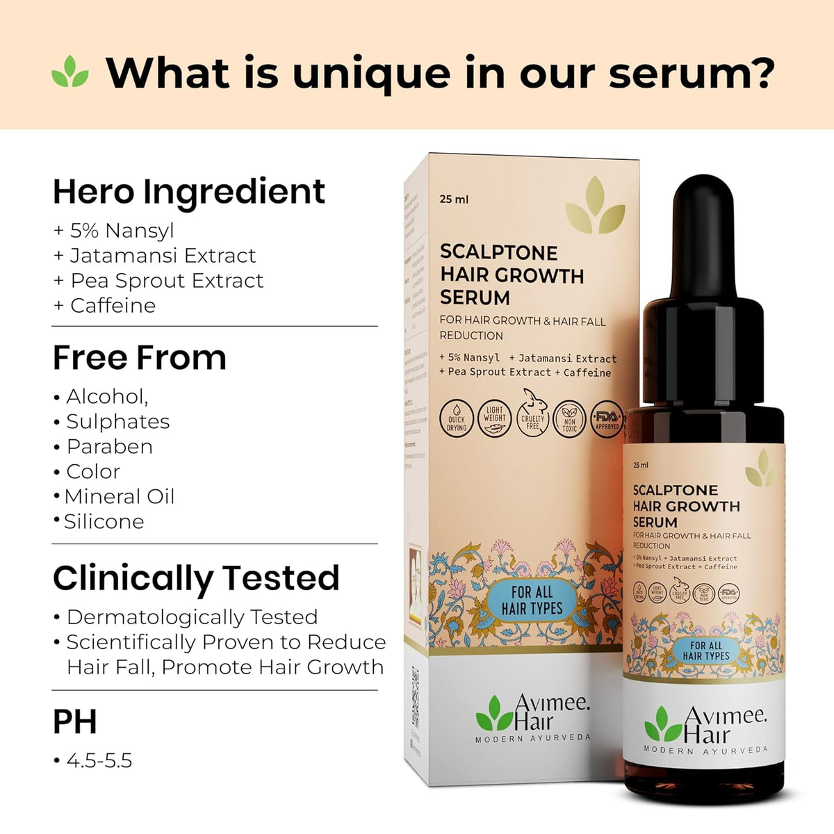 Avimee Herbal Scalptone Hair Growth Serum | Scientifically Proven Formula | Enriched with Nansyl & Green Tea Extract | For Hair Growth & Hair Fall Reduction | 25 ml