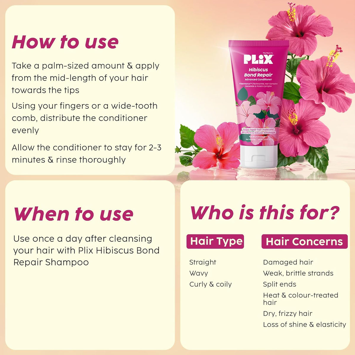 PLIX - THE PLANT FIX Hibiscus Bond Repair Advanced Conditioner | Repairs Hair Molecular Structure & Reduces Breakage with FiberHance™ & TechnoHYAL Hair Complex | 175ml