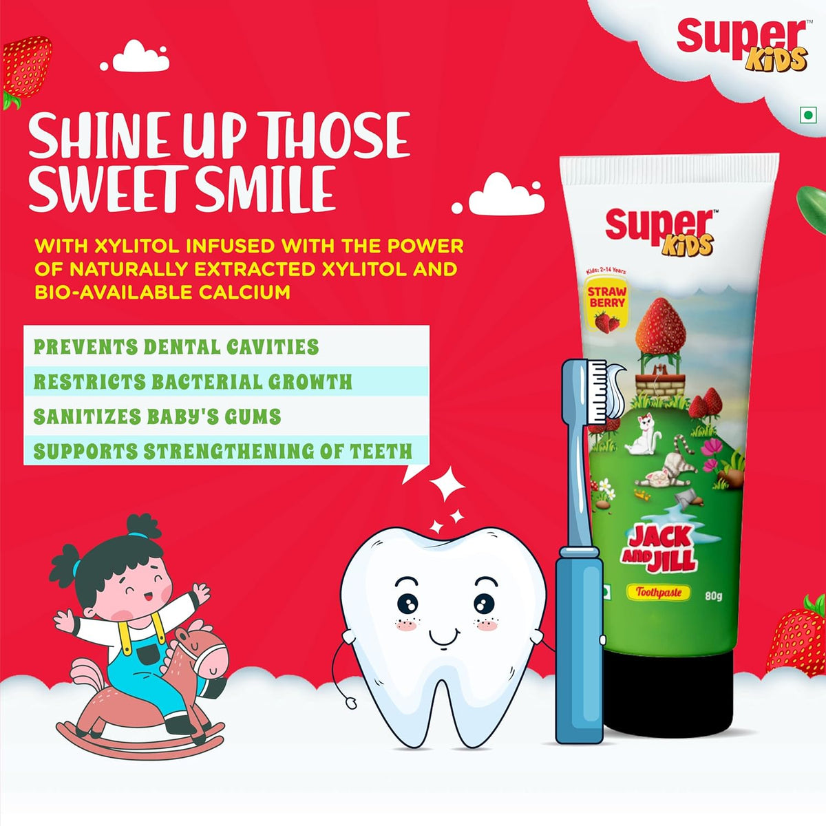 Super Kids Jack and Jill Strawberry Toothpaste for Kids 2-5 years | Baby toothpaste For Cavity Protection, Natural Strawberry Flavoured Toothpaste) 50 Gm