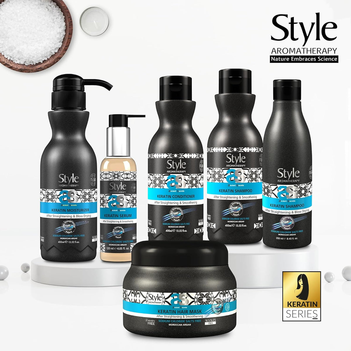 Style Aromatherapy Professional Keratin after Straightening and Smoothening Shampoo and Hair Mask Combo | SLS/SLES Free, Salt Free, Paraben Free | 400 ml + 200 ml