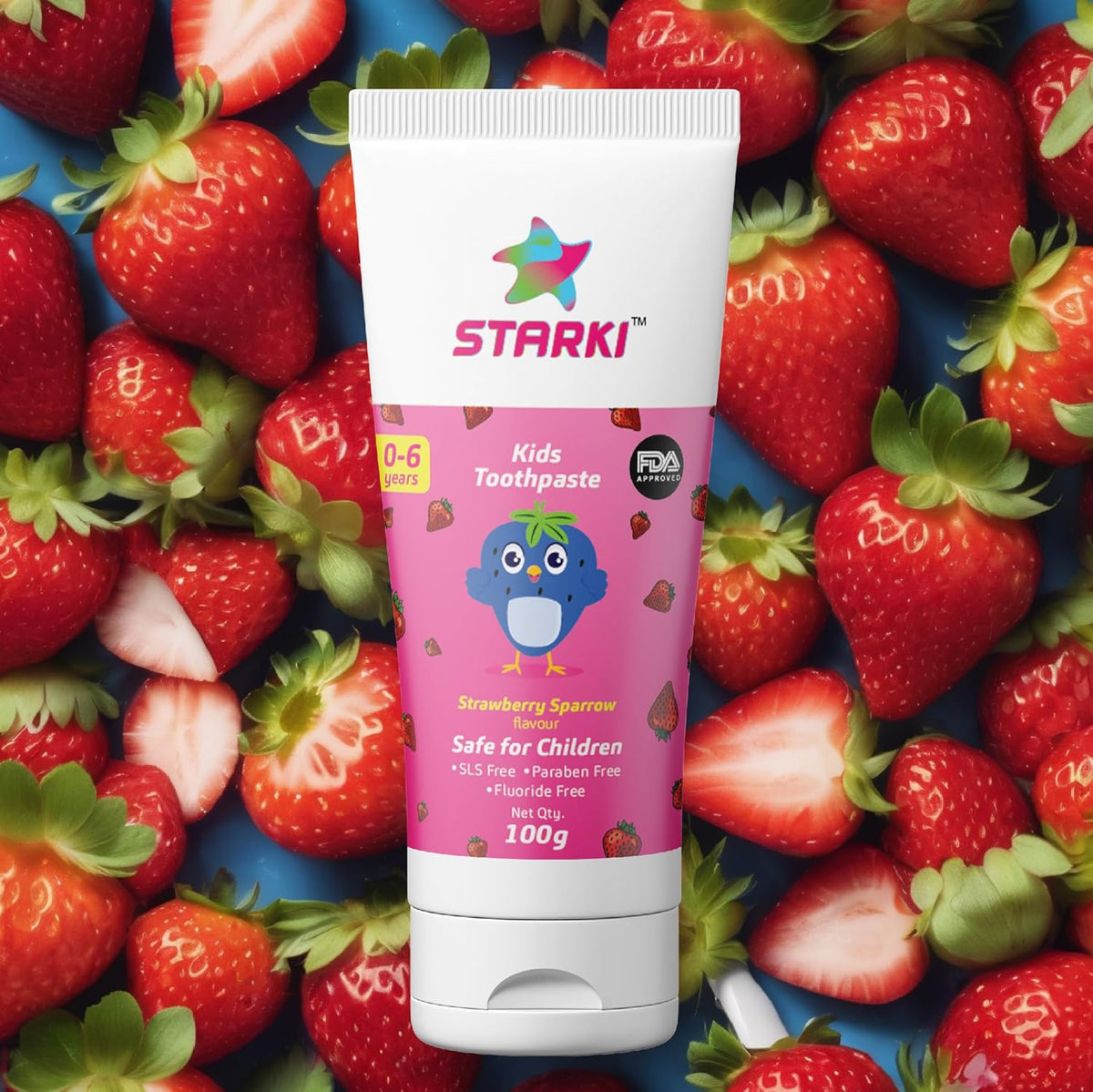 STARKI kids toothpaste, 100gm, Fluoride free, Strawberry Sparrow flavour, toothpaste for 2 to 5 years, SLS Free, FDA Certified, prevents cavities, safe for children toothpaste