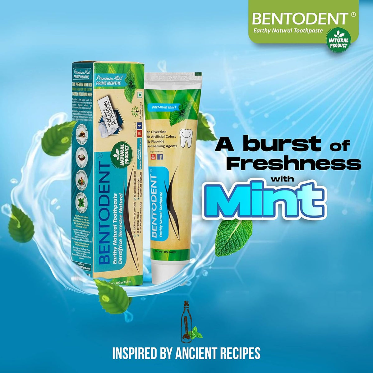 Bentodent Toothpaste - Natural Toothpaste For Entire Family Incl Kids - Your Daily Oral Detox, Cleanse & Remineralize - Fluoride Free (Premium Mint Pack)