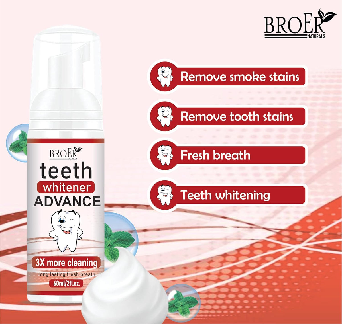 BROER Teeth Whitener ADVANCE | Teeth Whitening Foam To Remove Yellow Stains, Tobacoo, Tartar and Tobacco Stains - 60ml