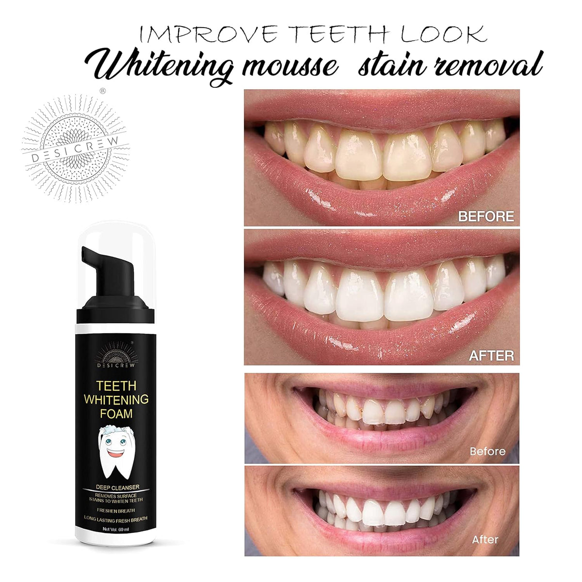 DESICREW Teeth Whitening Foam, Cleaning Germs, Freshen Breath, To Remove Yellow Stains, Tobacoo, Tartar and Tobacco Stains Pack Of 1 Bottle 60ml