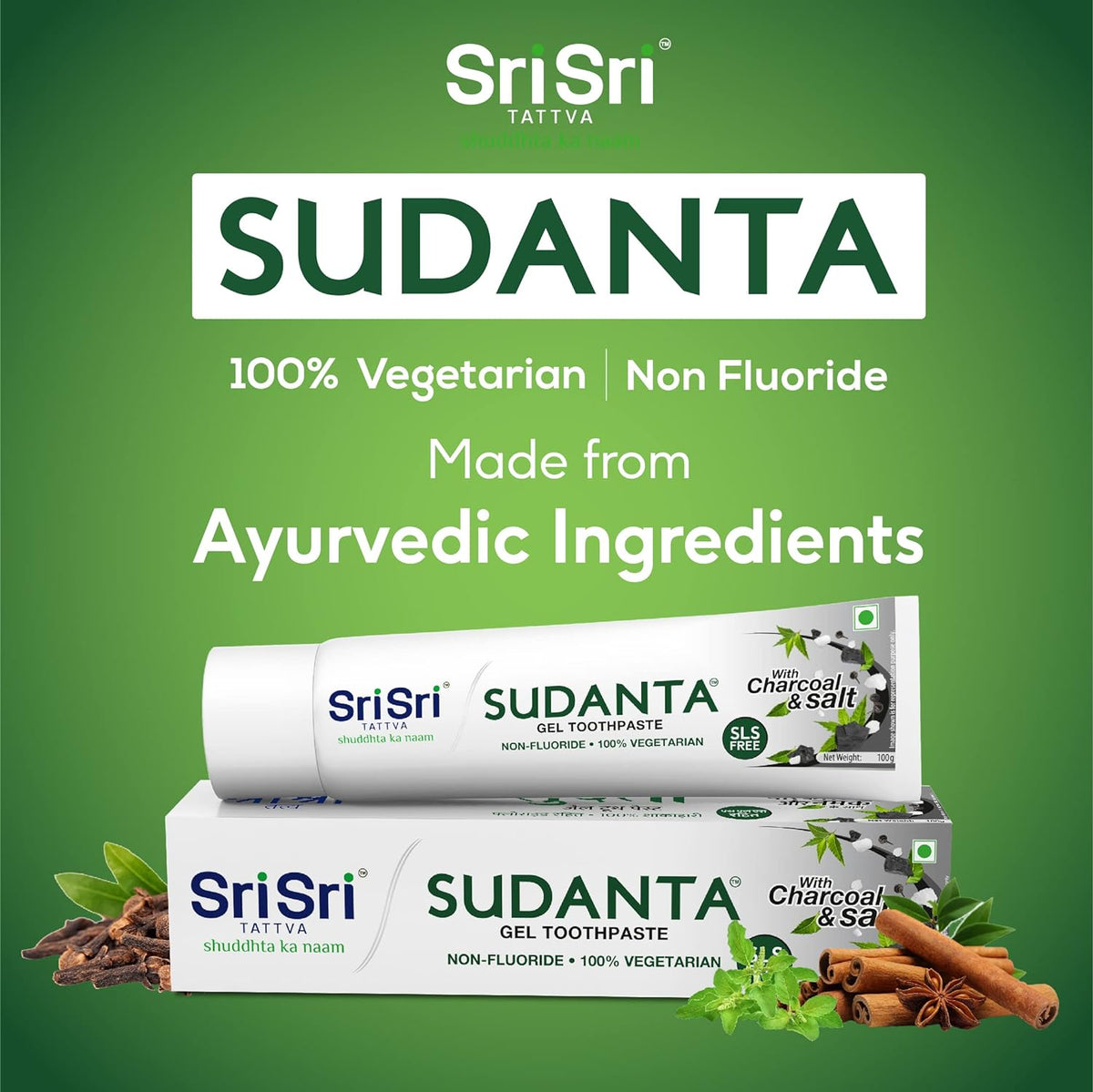 Sri Sri TATTVA shuddhta ka naam Sudanta Ayurvedic Herbal Gel Fresh Breath Toothpaste - All Natural,Sls Free,Fluoride Free Tooth Paste With Charcoal,Salt & More - 100G(Pack Of 1),For Kids And Adults