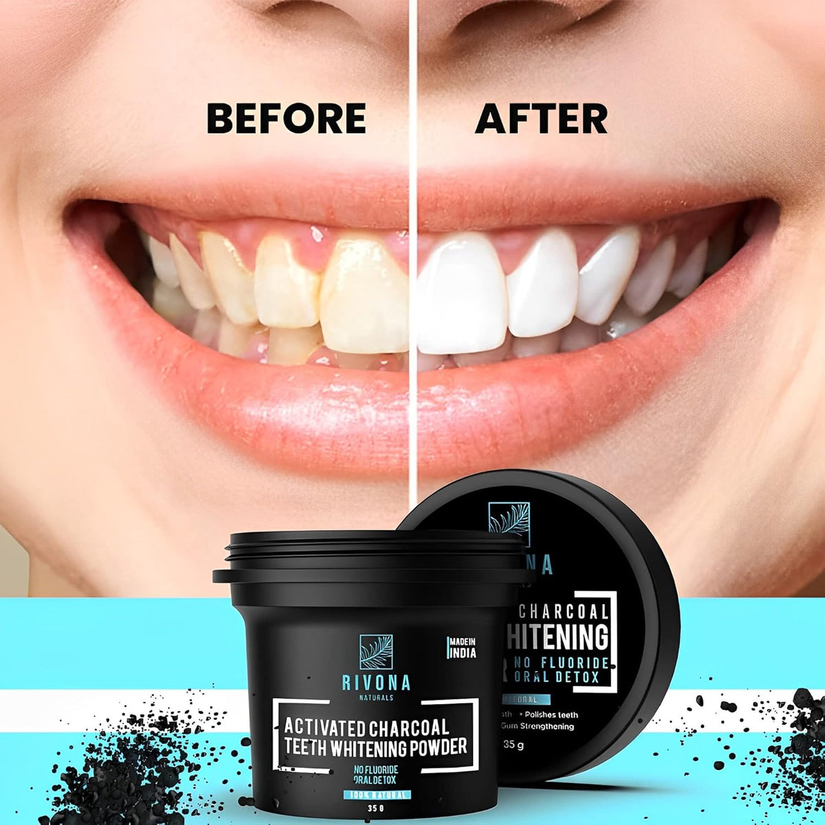 RIVONA NATURALS Activated Charcoal Teeth Whitening Powder - For Enamel Safe Teeth Whitening, Stain Remover, Freshens Breath - With Activated Charcoal, Turmeric & Clove Powder - 35g (Fluoride Free)