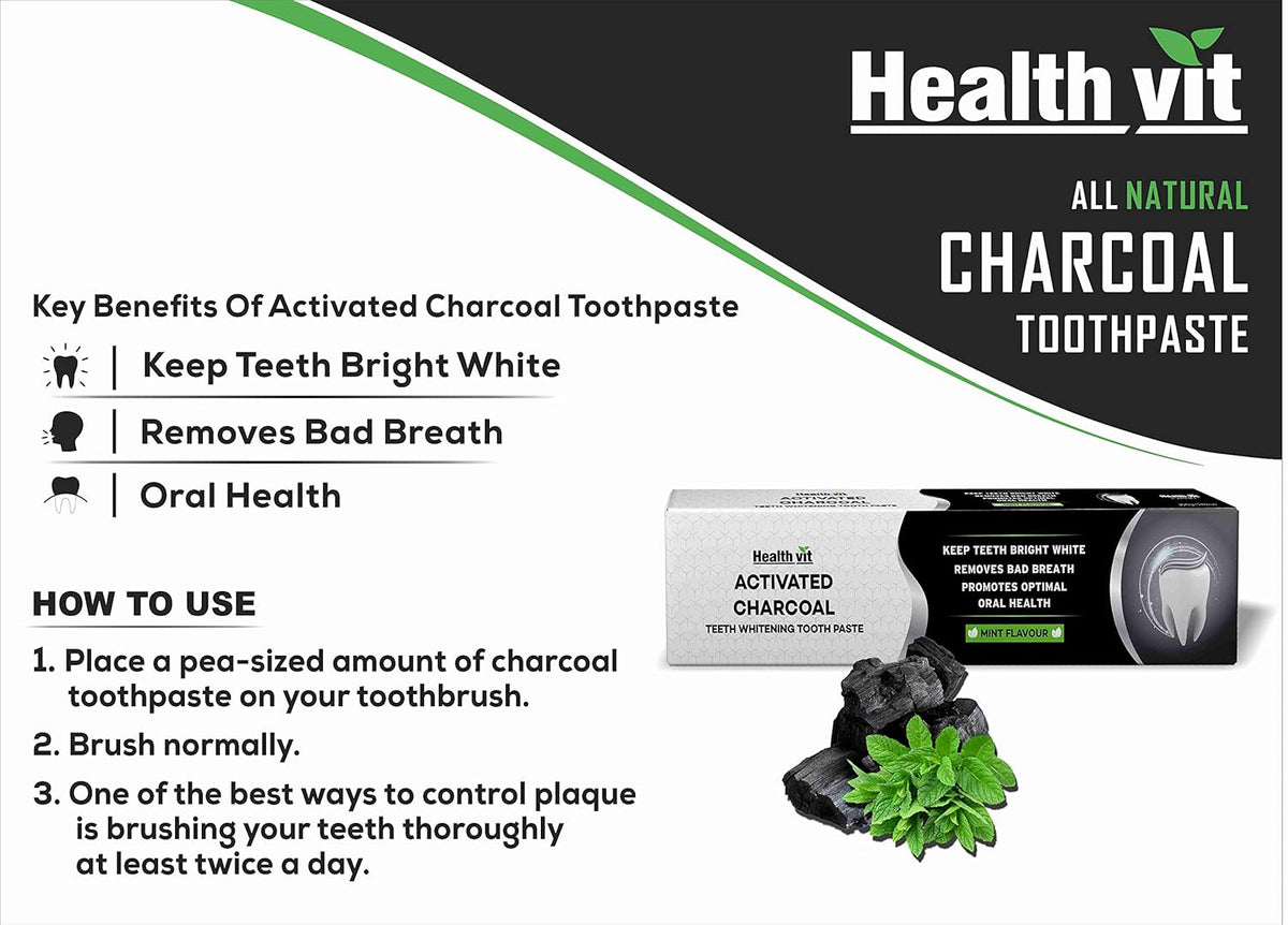 Healthvit Activated Charcoal Toothpaste For Teeth Whitening , Fluoride Free | Sulfate Free Mint Flavour | Germ Protection | Oral Hygiene | Charcoal Toothpaste | teeth whitening products - 100g (Pack of 1)